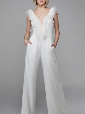 Alyce Paris White Feather-Trim Wide-Leg Jumpsuit